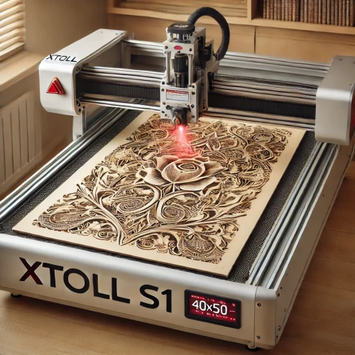 DALL·E 2025-03-24 22.44.20 - A laser engraving machine Xtoll S1 in action, engraving a beautiful artistic design on a 40x50 cm plywood sheet. The engraving process is halfway comp.webp