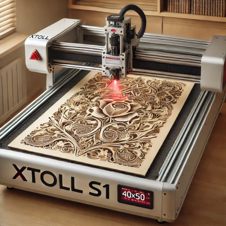 DALL·E 2025-03-24 22.44.20 - A laser engraving machine Xtoll S1 in action, engraving a beautiful artistic design on a 40x50 cm plywood sheet. The engraving process is halfway comp.webp